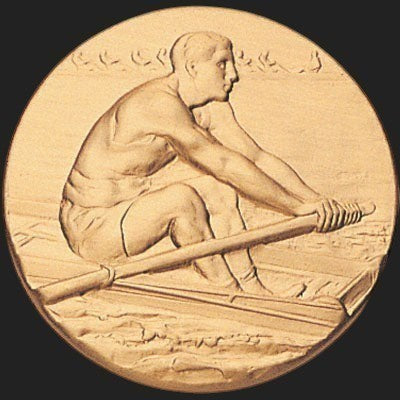Metal Stickems 2-inch round adhesive gold metal disc featuring a detailed embossed rowing athlete design.