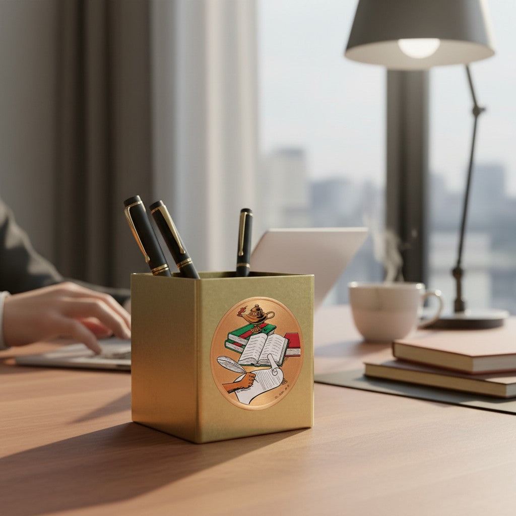 Metal Stickems academic achievement metal sticker featuring books, a quill, and a lamp on a gold desk organizer.