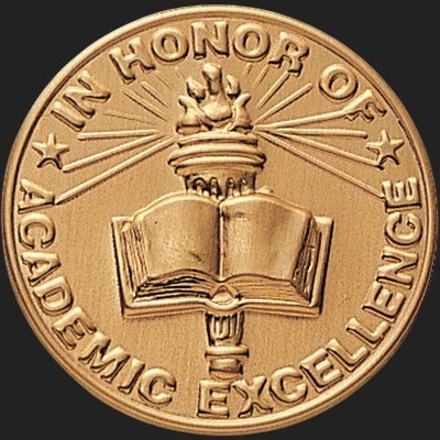 Metal Stickems 2-inch gold embossed sticker featuring an open book and torch for academic excellence awards.