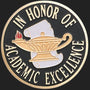 Metal Stickems 2-inch circular metal sticker with black and gold academic excellence design and lamp of knowledge.