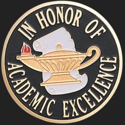 Metal Stickems 2-inch circular metal sticker with black and gold academic excellence design and lamp of knowledge.