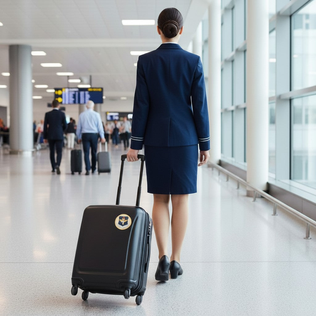 Metal Stickems AETC metal emblem sticker applied to a black rolling suitcase carried by a flight attendant in an airport