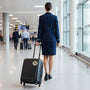 Metal Stickems AETC metal emblem sticker applied to a black rolling suitcase carried by a flight attendant in an airport