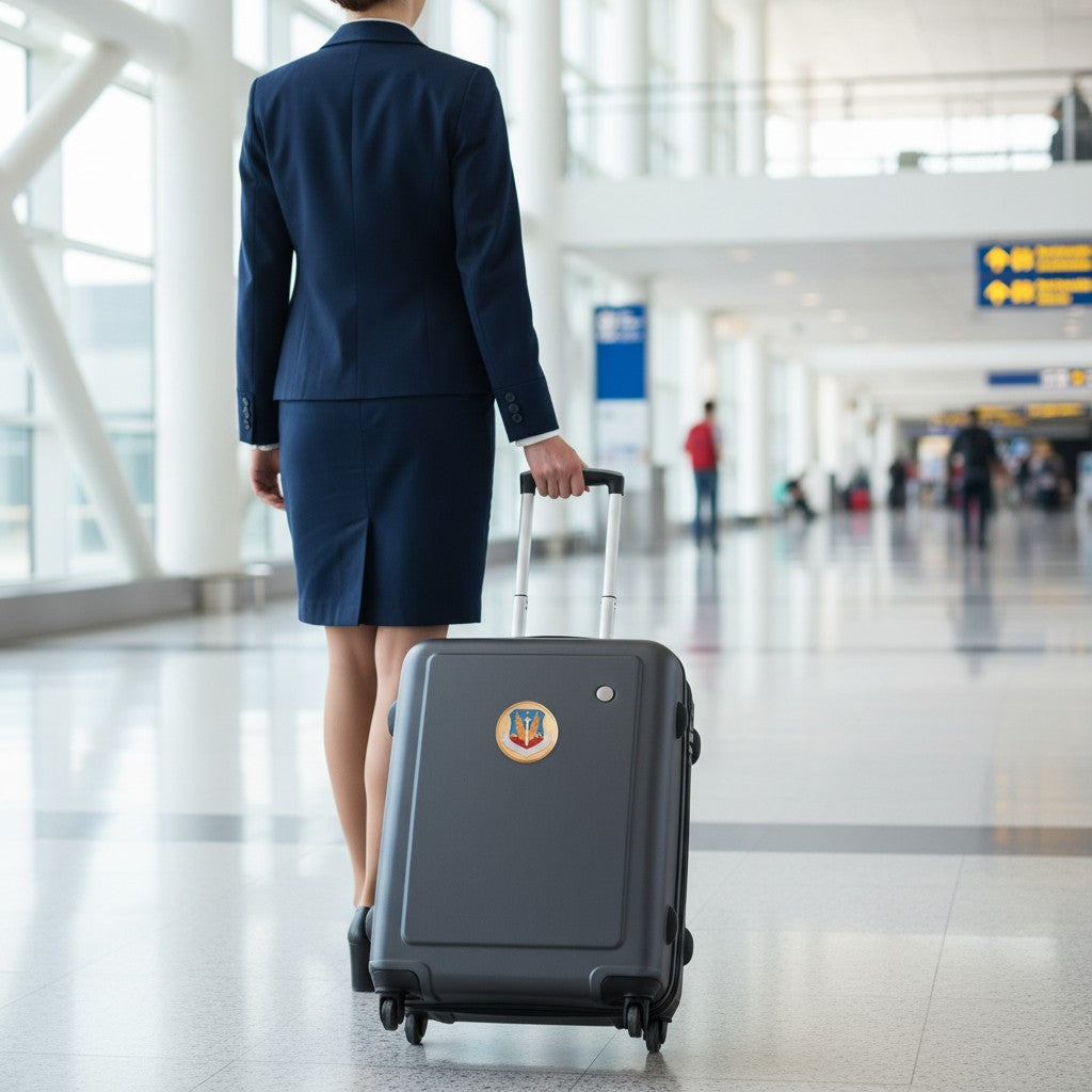 Metal Stickems Air Combat Command metal emblem sticker applied to a dark grey rolling suitcase in an airport terminal.