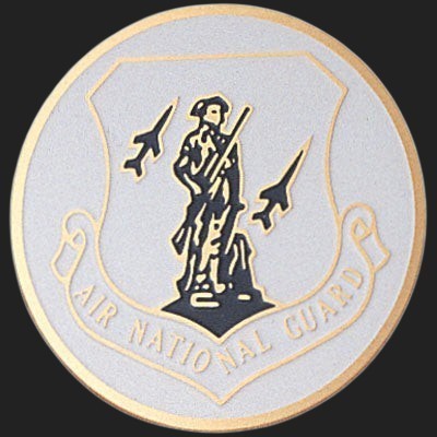 Metal Stickems 2-inch round Air National Guard emblem with gold trim, minuteman figure, and aircraft silhouettes.