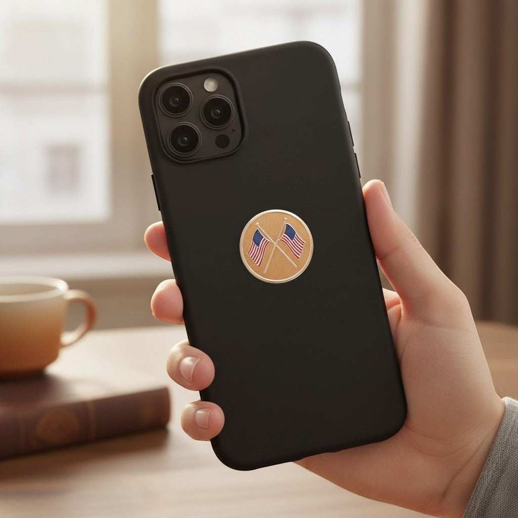Metal Stickems American flag emblem sticker applied to a black smartphone case held in a hand.