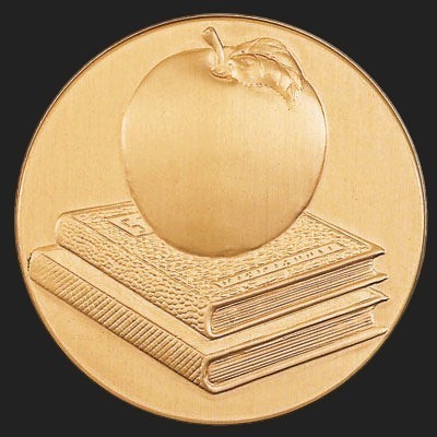 Metal Stickems 2-inch gold-toned metal sticker featuring an embossed apple on a stack of books for teachers.