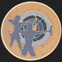 Metal Stickems 2-inch round archery target sticker with a gold finish and silhouette of archers aiming at a target.