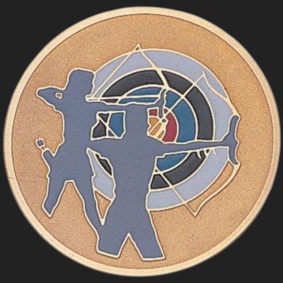 Metal Stickems 2-inch round archery target sticker with a gold finish and silhouette of archers aiming at a target.