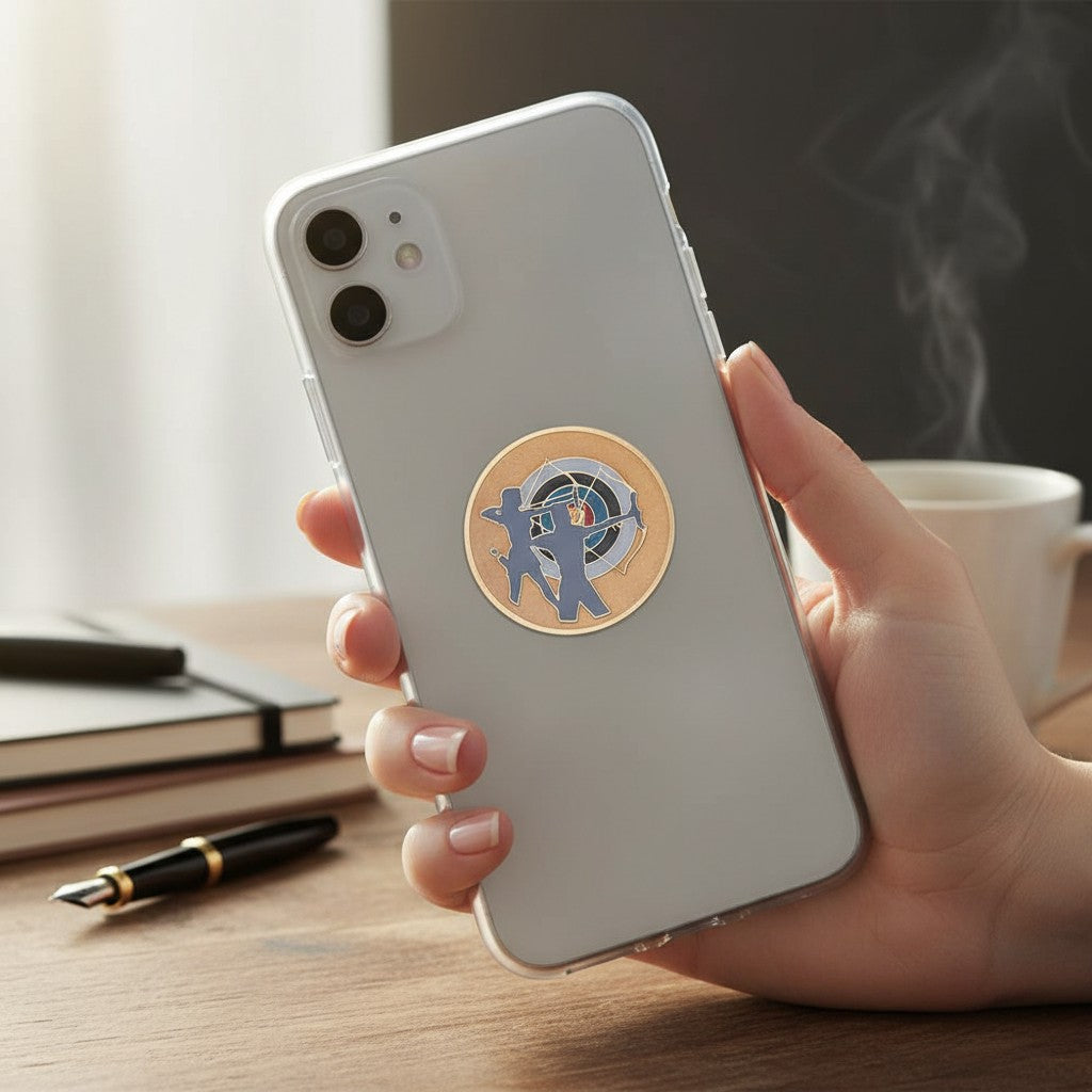 Metal Stickems 2-inch round archery target sticker with archer graphic applied to the back of a smartphone case.
