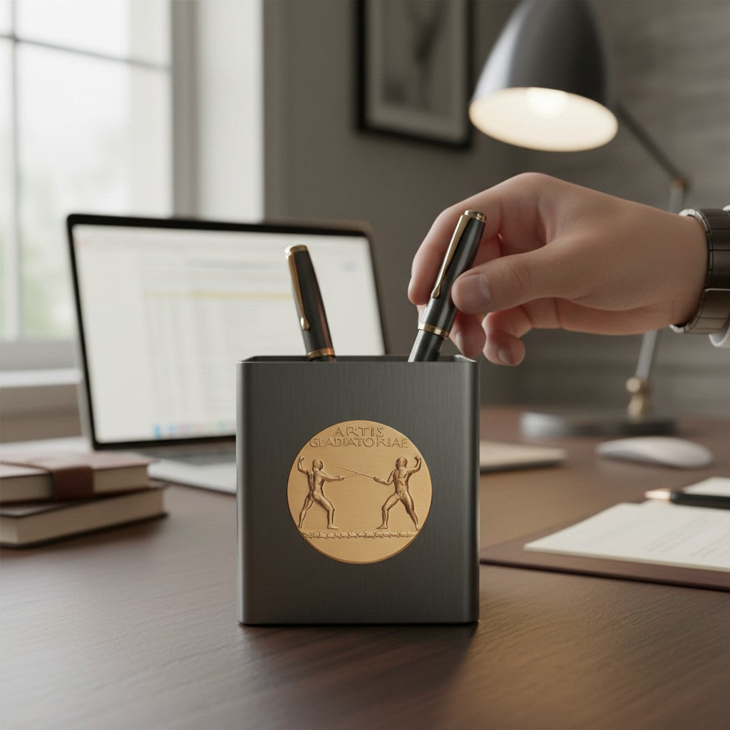 Metal Stickems Artis Gladiatoriae round gold metal sticker applied to a dark grey pen holder on a desk.