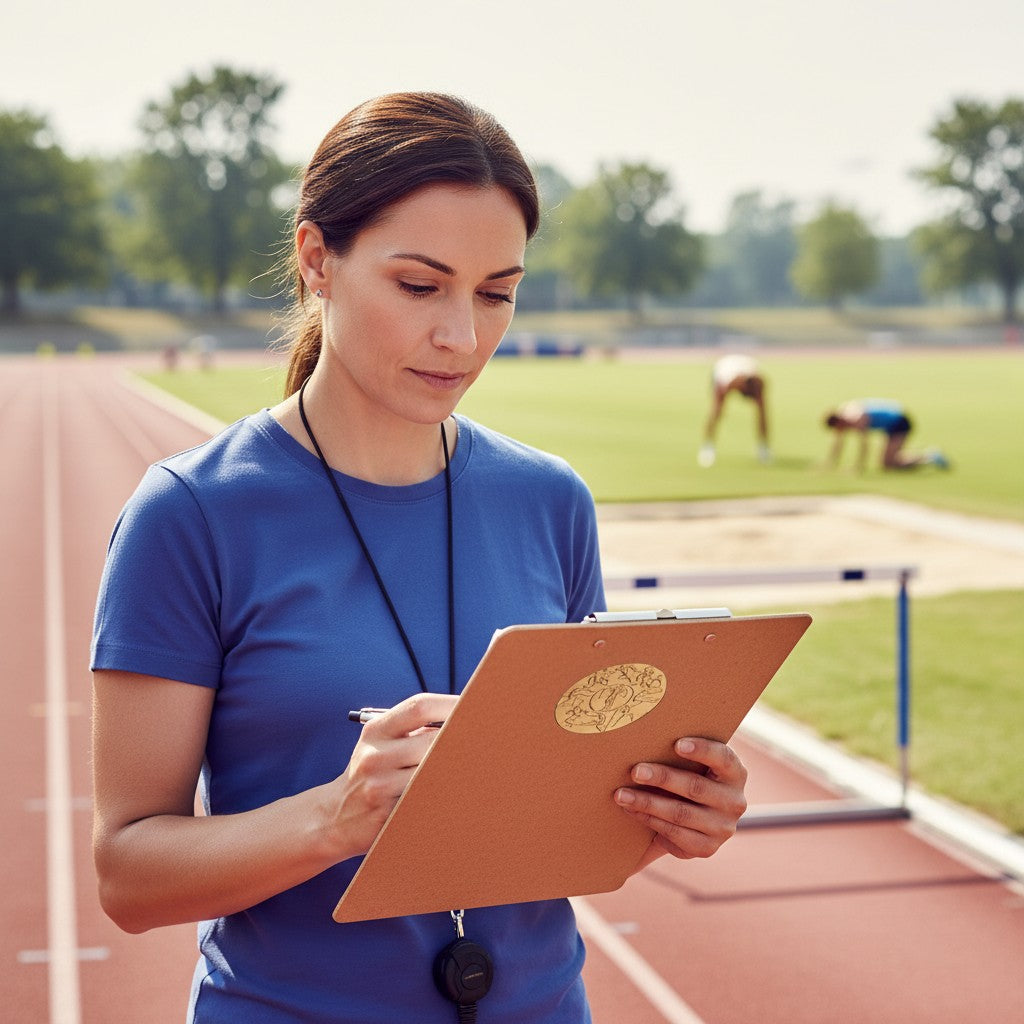 Metal Stickems 2-inch circular athletic achievement sticker with a metallic finish on a clipboard at a track field