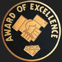Metal Stickems 2-inch round Award of Excellence sticker with gold handshake and diamond icon on a black background.