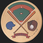 Metal Stickems 2-inch round baseball emblem featuring a field, crossed bats, helmet, and glove on a gold metal base.
