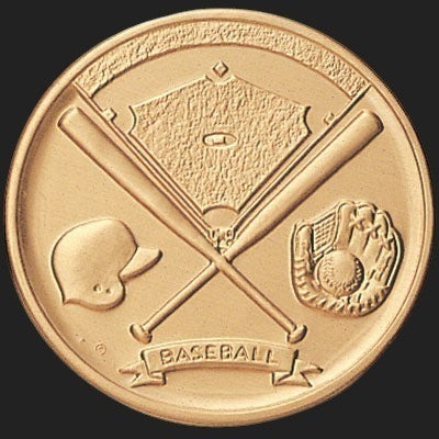 Metal Stickems 2-inch round gold metal sticker featuring embossed baseball field, crossed bats, helmet, and glove.