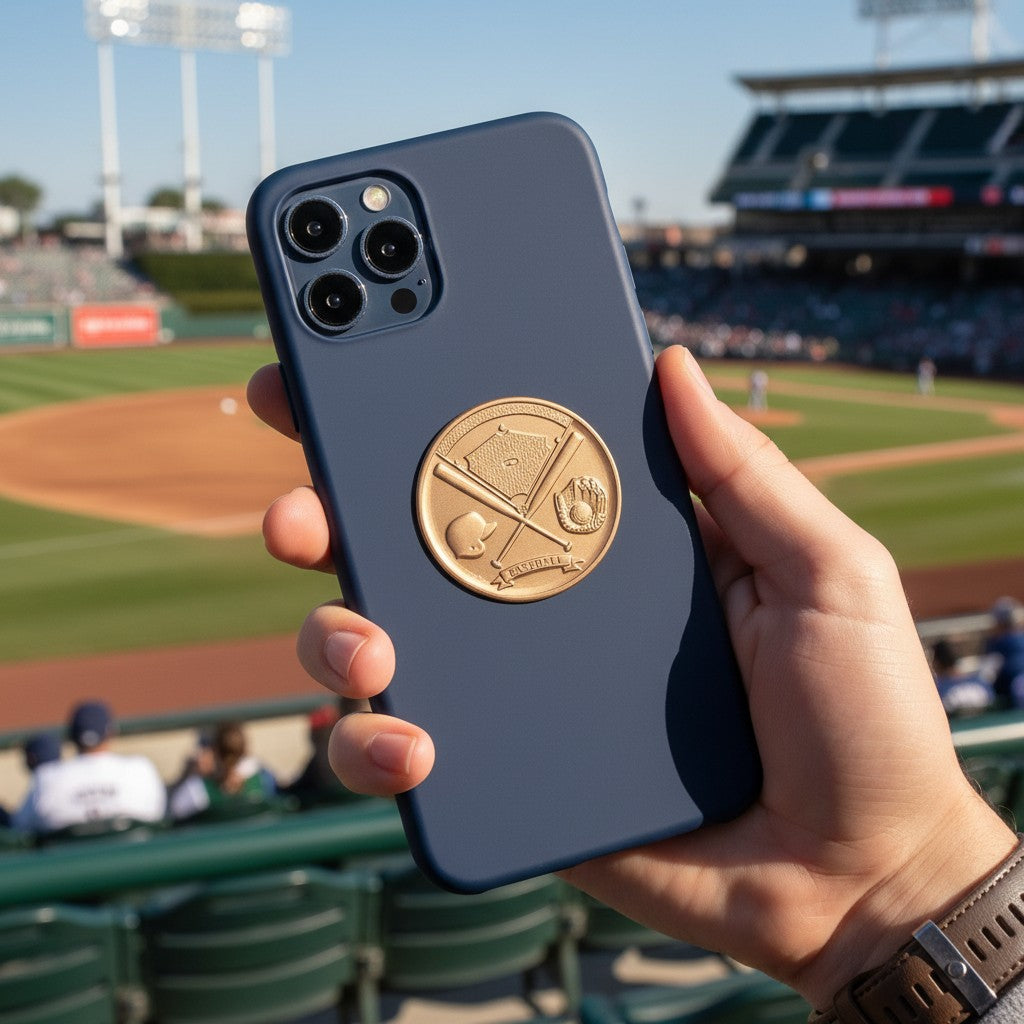 Metal Stickems baseball themed gold metal sticker applied to a navy blue smartphone case at a baseball stadium.