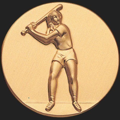 Metal Stickems 2-inch round embossed metal sticker featuring a detailed gold-toned baseball player at bat.