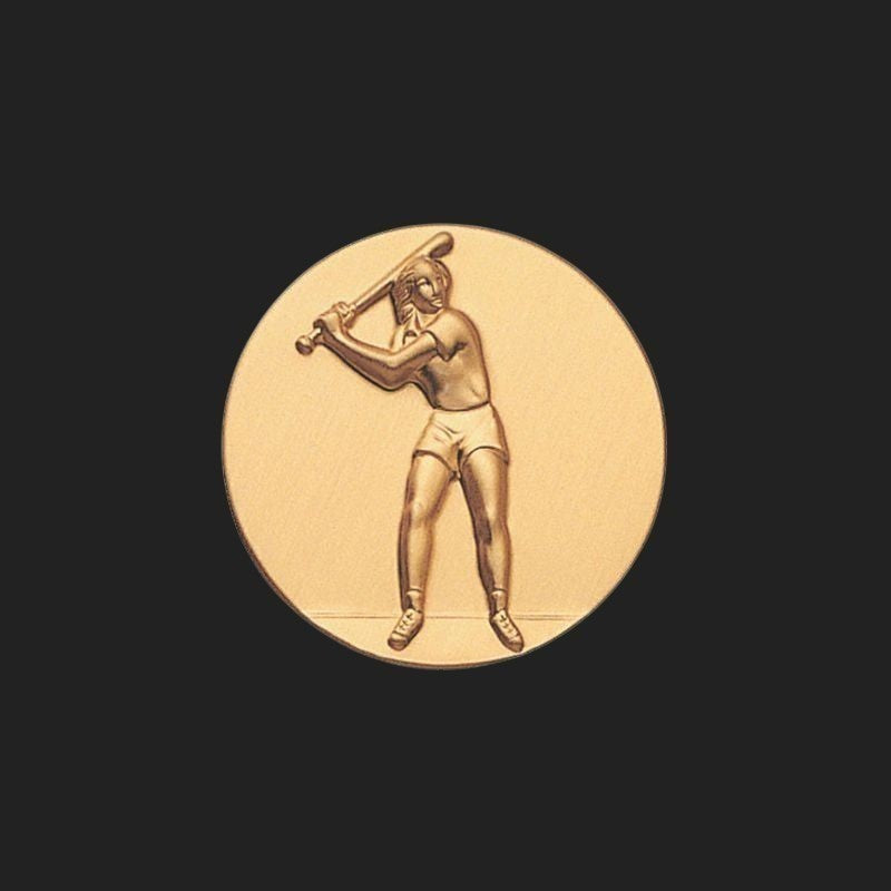 Metal Stickems 1-inch circular gold metal sticker featuring an embossed baseball player in a batting stance.