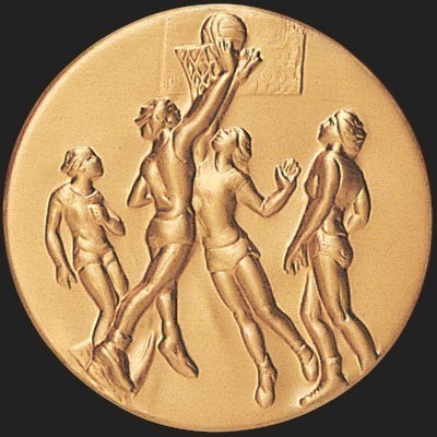 Metal Stickems 2-inch gold basketball achievement sticker with embossed players in action for trophies and awards.