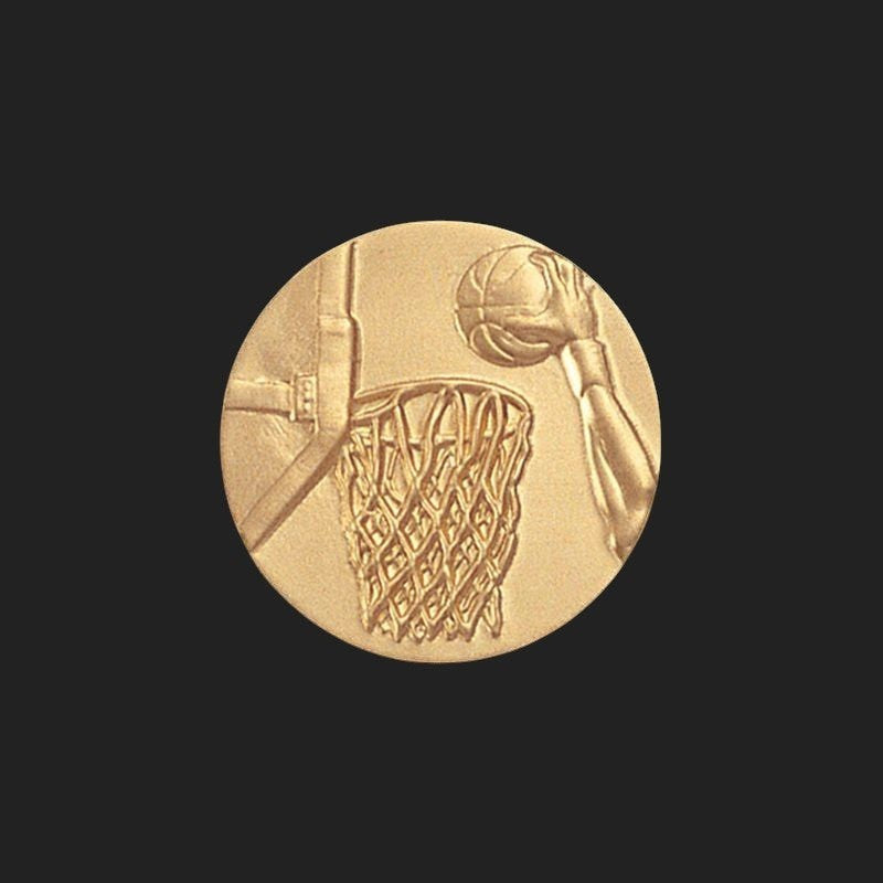 Metal Stickems 1-inch gold basketball hoop metal sticker with embossed player and net design for sports gear.