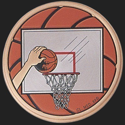 Metal Stickems 2-inch circular basketball hoop sticker with a metallic finish and vibrant sports graphic.