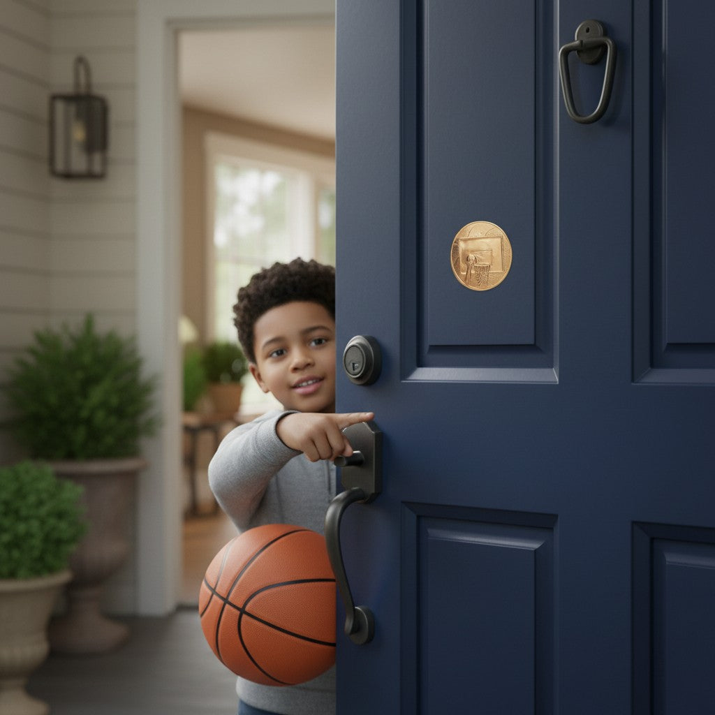 Metal Stickems 2-inch embossed basketball metal sticker applied to a navy blue front door with a young boy holding a ball