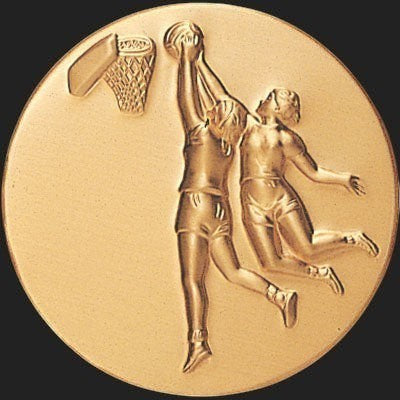 Metal Stickems 2-inch round gold metal sticker featuring an embossed design of two basketball players at the hoop.