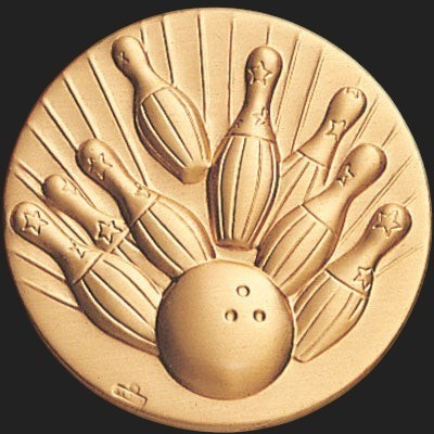 Metal Stickems 2-inch round gold-tone metal sticker featuring an embossed bowling pin and ball design.