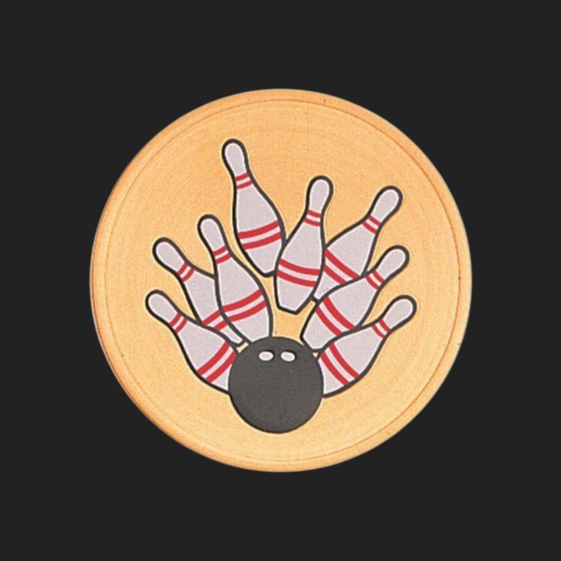 Metal Stickems 2-inch round bowling strike emblem with a metallic finish, featuring a black ball and white pins.