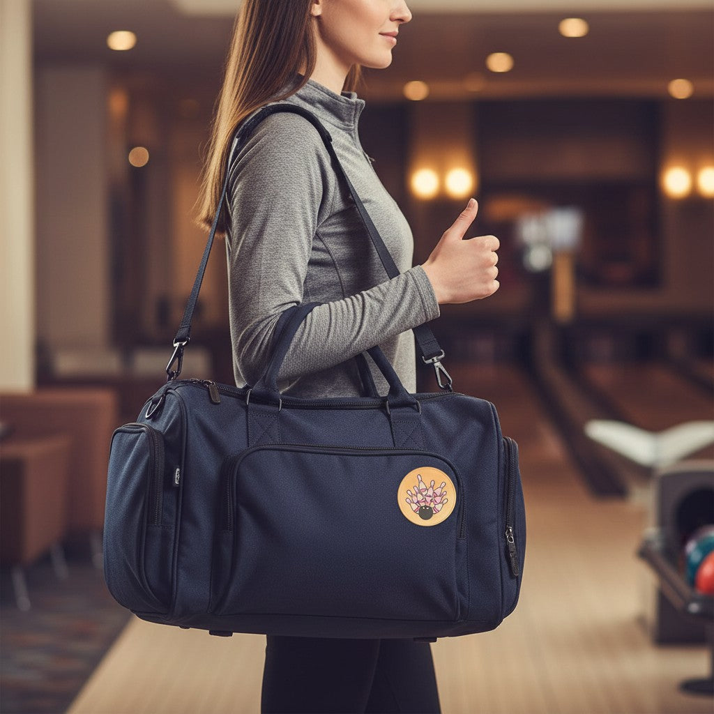 Metal Stickems bowling strike emblem sticker applied to a navy blue bowling bag carried by a woman in a bowling alley