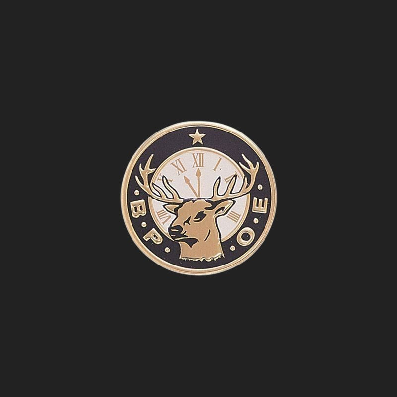 Metal Stickems 7/8 inch gold-tone B.P.O.E. metal sticker featuring a stag head and clock face on black enamel.