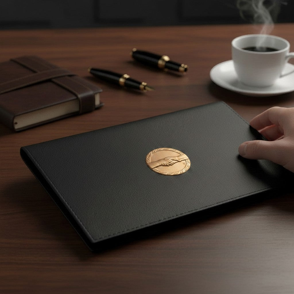 Metal Stickems bronze handshake emblem sticker applied to a black leather portfolio on a desk with coffee and pens.