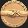 Metal Stickems 2-inch bronze adhesive emblem featuring an embossed handshake motif with a laurel wreath border.