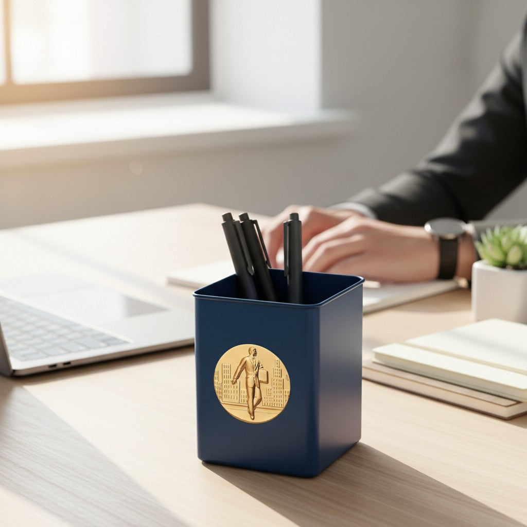 Metal Stickems businessman cityscape gold metal sticker applied to a navy blue desk pen holder in an office setting.