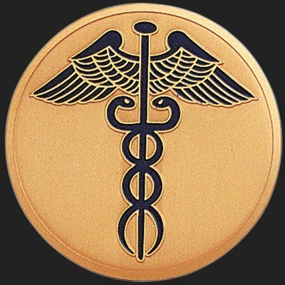 Metal Stickems 2-inch gold and black adhesive metal caduceus symbol sticker for medical professionals.