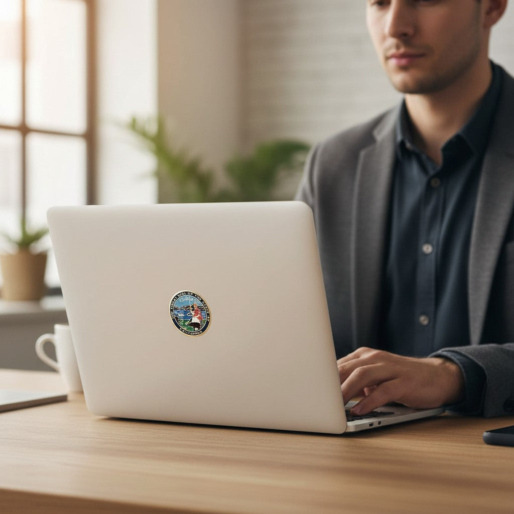 Metal Stickems California state seal metal sticker applied to a silver laptop held by a man in a grey blazer