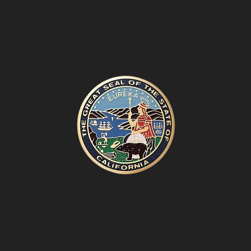 Metal Stickems Great Seal of the State of California enamel sticker with gold-tone metal finish and detailed design.