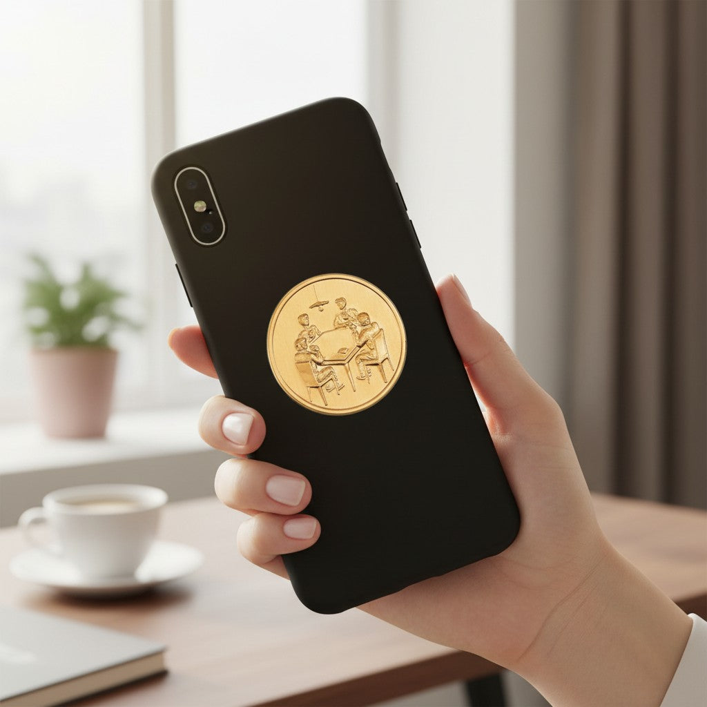Metal Stickems card table decorative metal sticker in gold finish applied to the back of a black smartphone case.