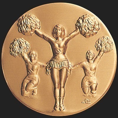 Metal Stickems 2-inch circular gold metal sticker featuring an embossed cheerleading squad design with pom-poms.