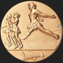 Metal Stickems 2-inch gold cheerleading achievement award medallion sticker with embossed cheerleaders and megaphone.
