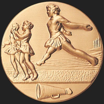 Metal Stickems 2-inch gold cheerleading achievement award medallion sticker with embossed cheerleaders and megaphone.