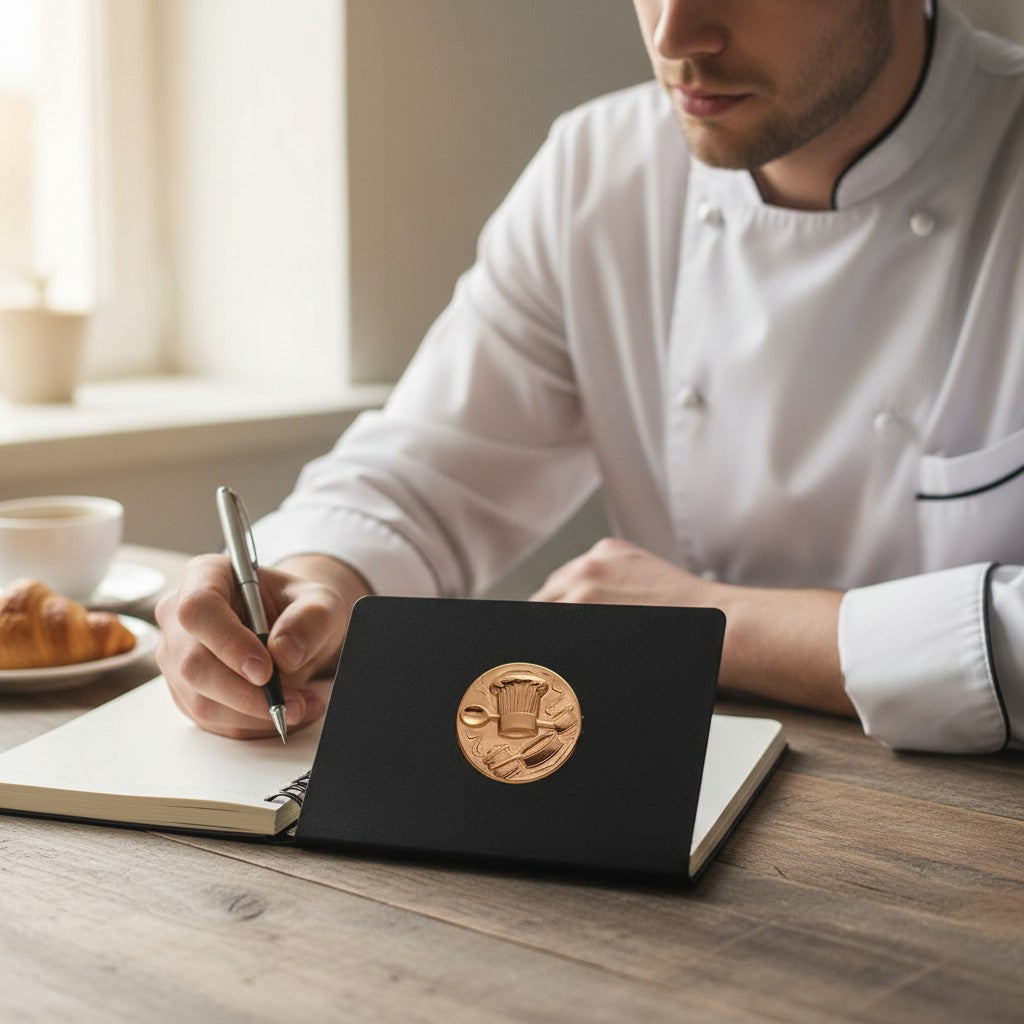 Metal Stickems chef hat culinary metal sticker on a black notebook held by a chef in a professional kitchen