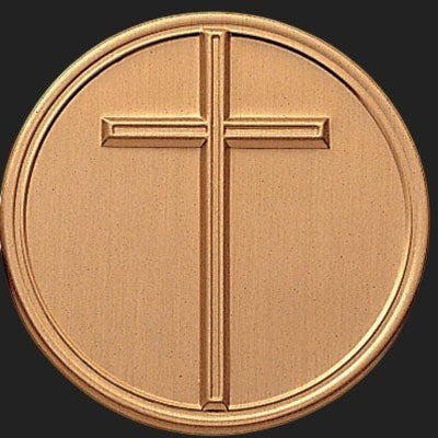 Metal Stickems 2-inch circular adhesive emblem featuring an embossed cross design with a polished bronze metallic finish.
