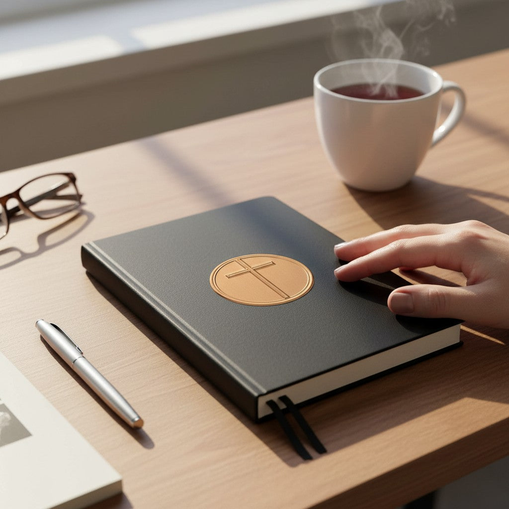 Metal Stickems circular cross metal sticker applied to a black journal on a wooden desk with a coffee mug.