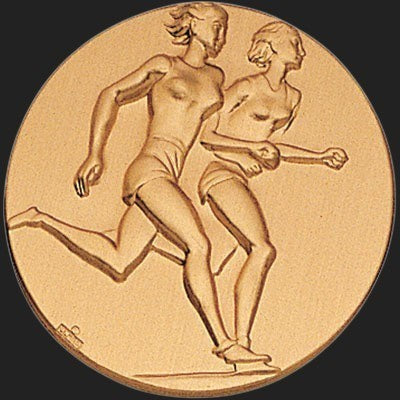 Metal Stickems 2-inch circular gold-toned metal sticker featuring an embossed design of two female runners.