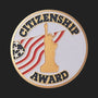 Metal Stickems 2-inch round Citizenship Award sticker featuring a gold Statue of Liberty and American flag design.