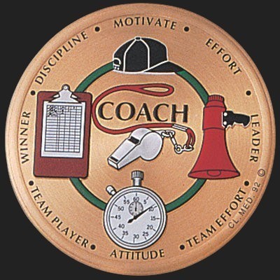 Metal Stickems 2-inch round metal coach sticker featuring sports icons like a whistle, clipboard, and motivational words.