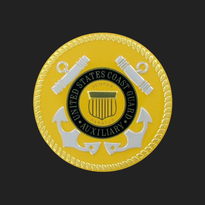 Metal Stickems 2-inch United States Coast Guard Auxiliary metal emblem in yellow and silver with official seal