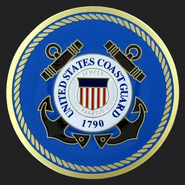 Metal Stickems 2-inch United States Coast Guard metal emblem with blue, white, and gold rope-border seal design.