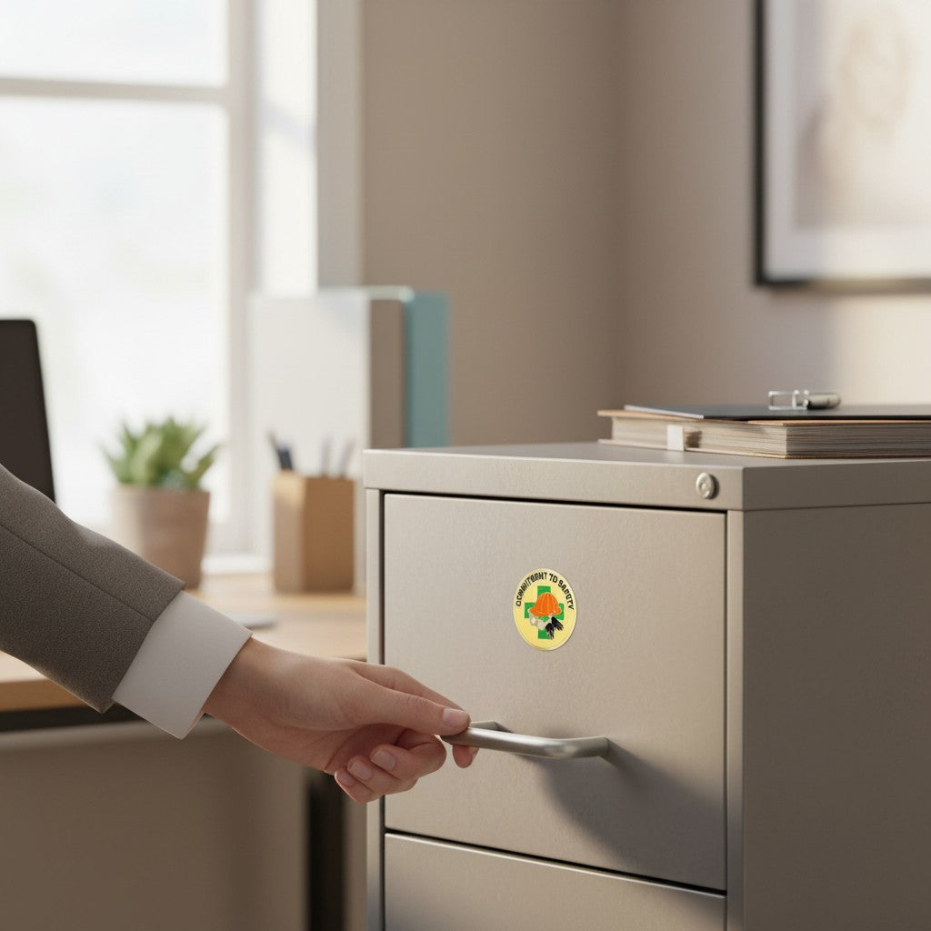 Metal Stickems 2-inch round Commitment To Safety sticker with safety gear icons applied to a grey office filing cabinet.